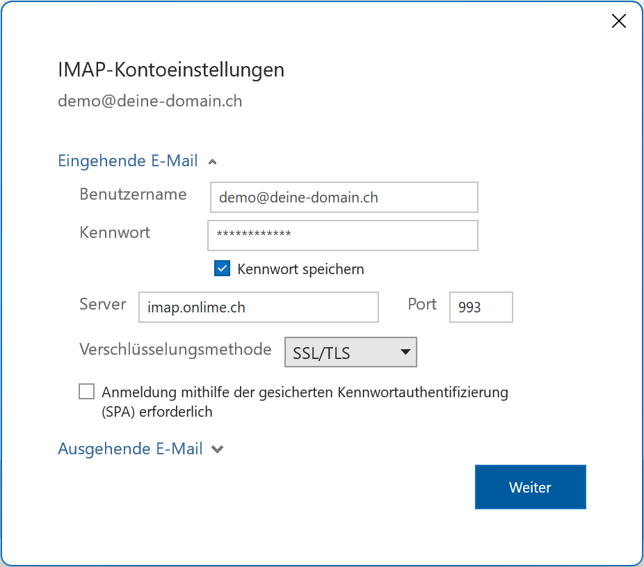 IMAP-Kontoeinstellungen Posteingangs-Server