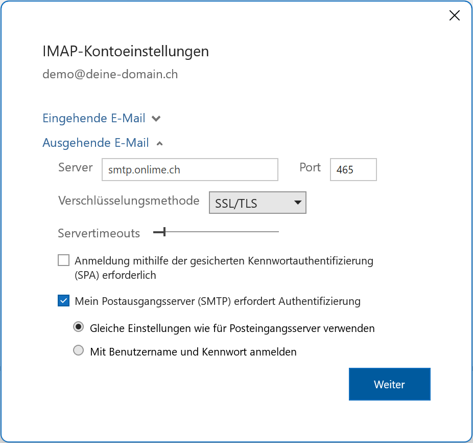 Servereinstellungen Postausgangs-Server